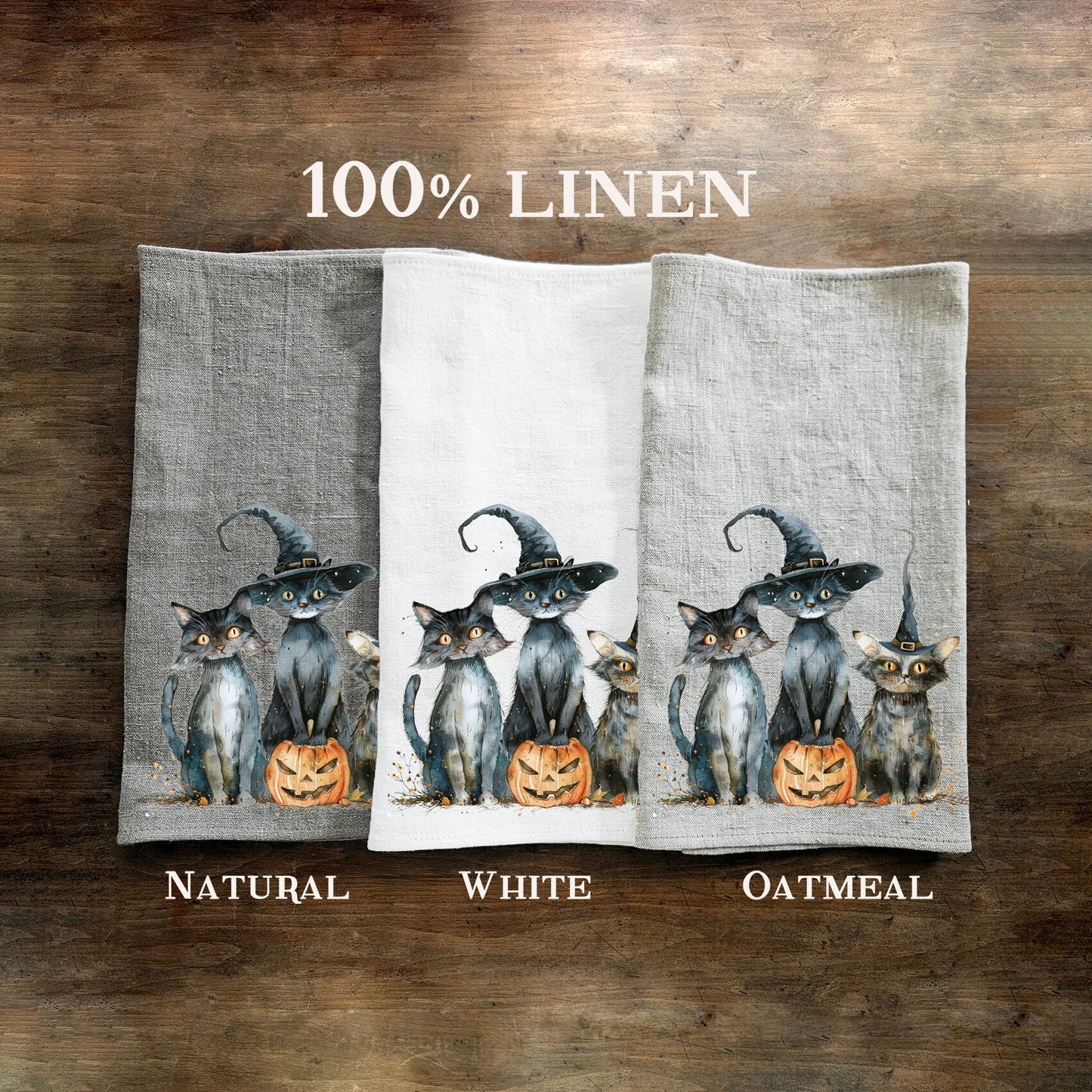 Halloween Tea Towel in linen, Pumpkins Hand Towels Tea in linen, cats linen Dish Towel, witch hat Kitchen Décor Tea Towel in linen