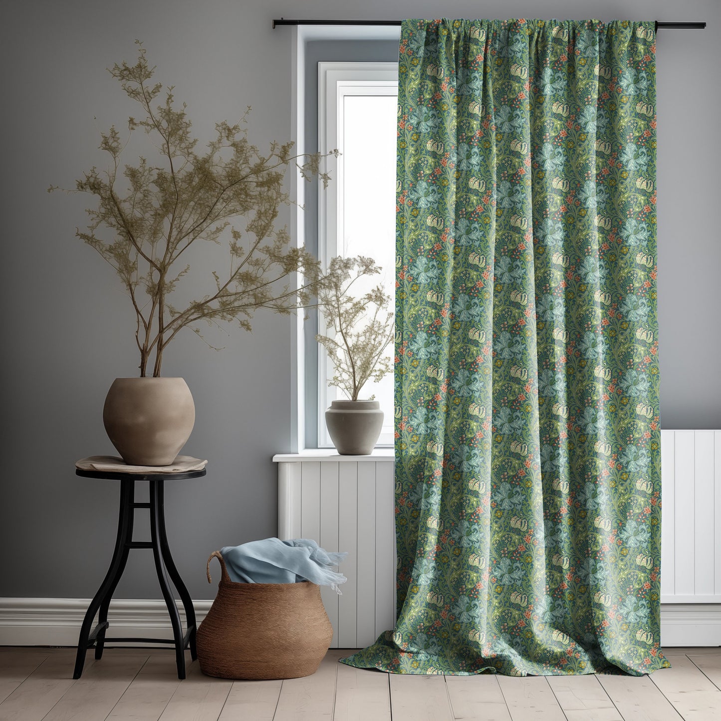 William Morris Curtain Panel Golden LIlly, Floral Botanical green Print Curtain Panels, Curtains for living room