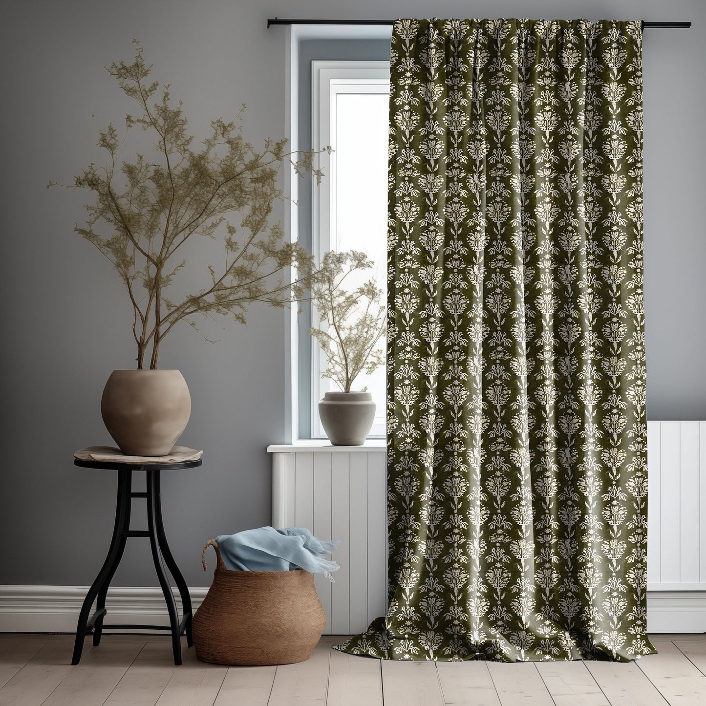 Designer green Floral Linen curtains, olive green Boho curtain panel, Farmhouse Block printed curtains for living room