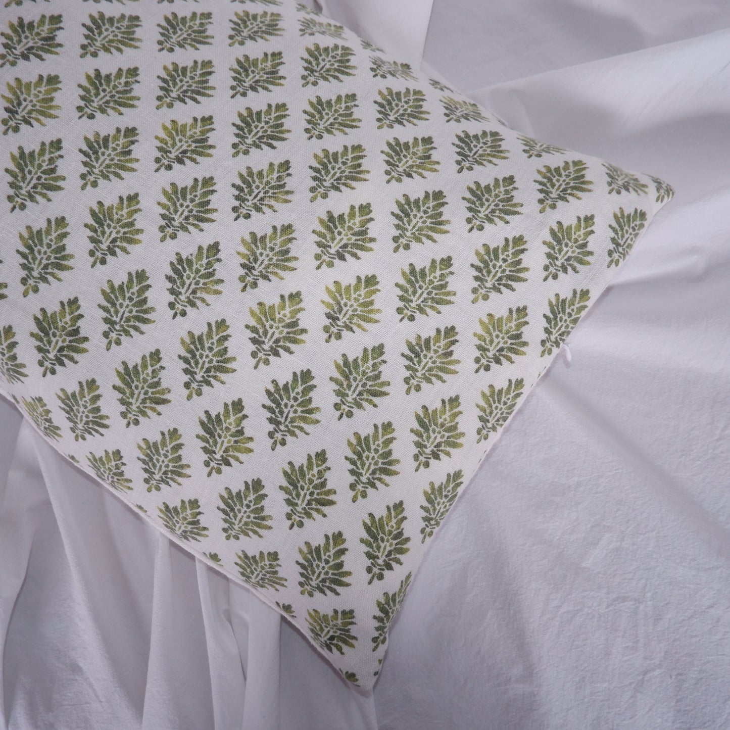 Designer Olive Green Floral on Linen Pillow Cover, Dark Green Boho Pillow, Farmhouse Floral Block printed pillow