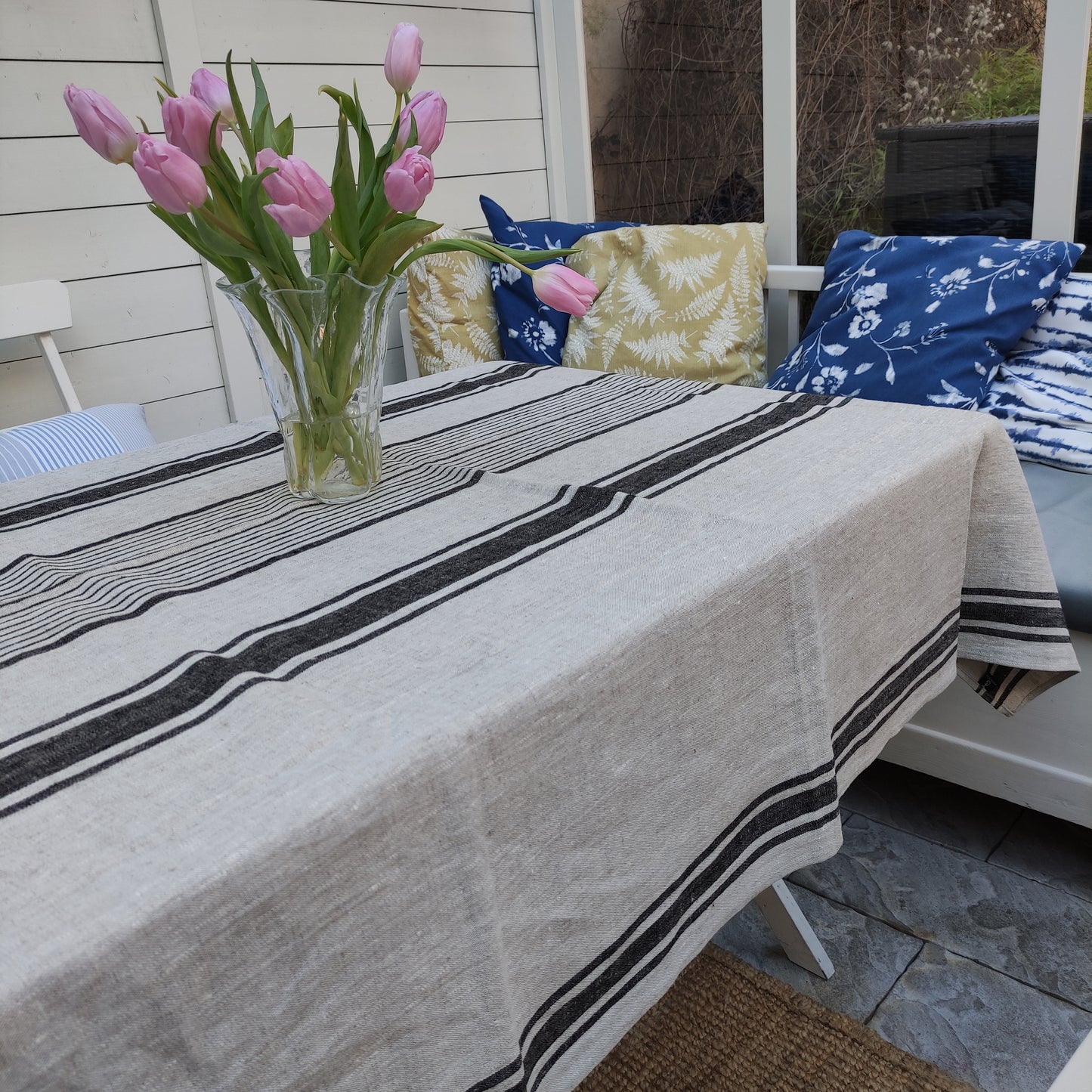 100% Linen tablecloth striped PREWASHED French table cloth rustic rectangle square oval Grey Blue country style Sack weave linen