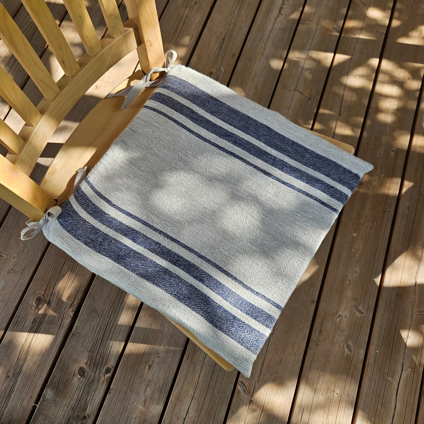 Linen Seat Cushion striped with ties - Striped Chair Pad Pillow - Natural French Style Heavy Weight 100% Linen Fabric