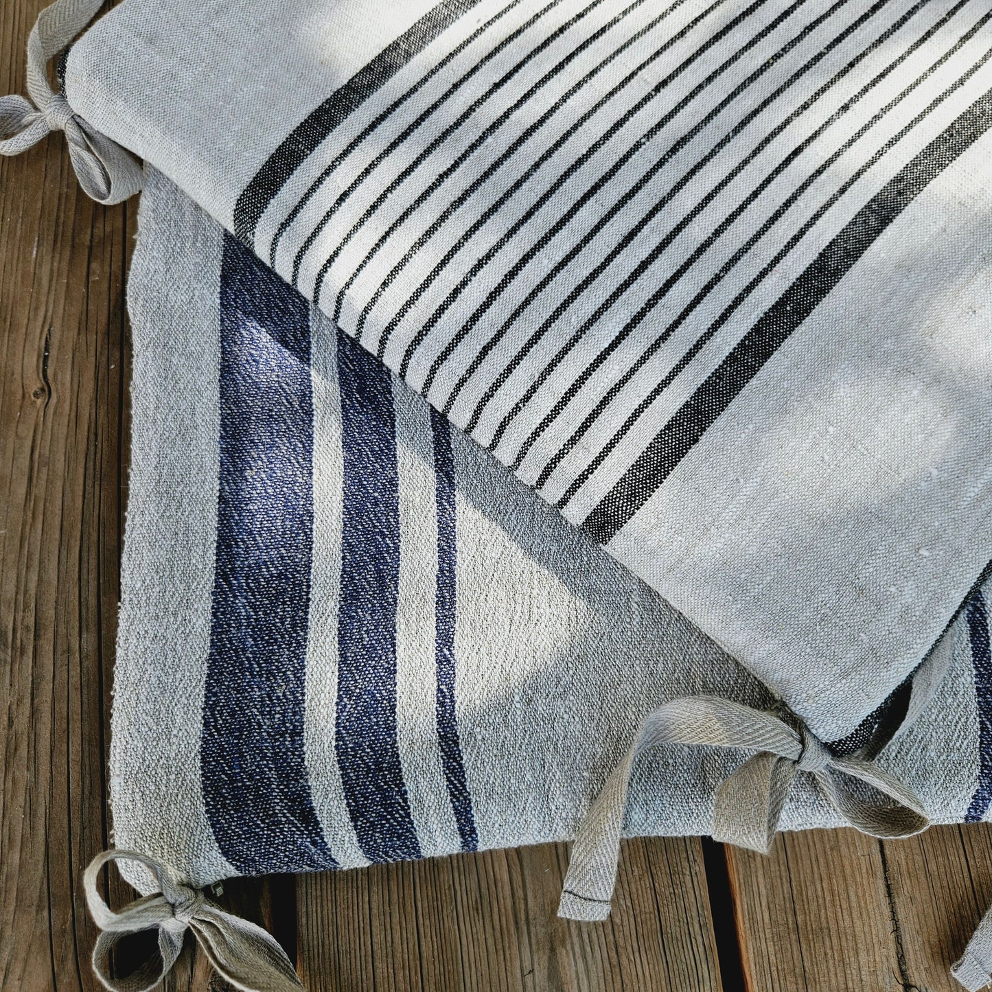 Linen Seat Cushion striped with ties - Striped Chair Pad Pillow - Natural French Style Heavy Weight 100% Linen Fabric