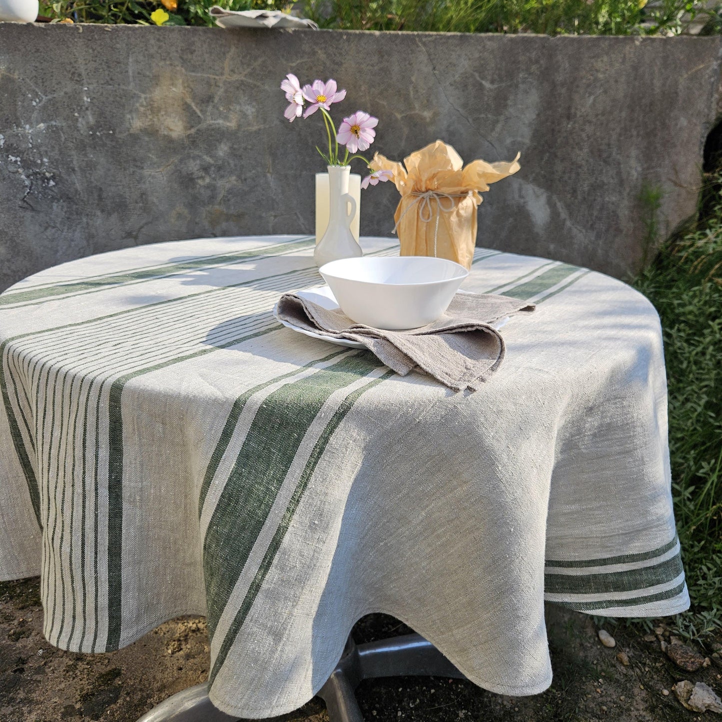 100% Linen Tablecloth in french Provance striped linen for Round table - Table cloth in Natural Linen in custom size neutral green stripes