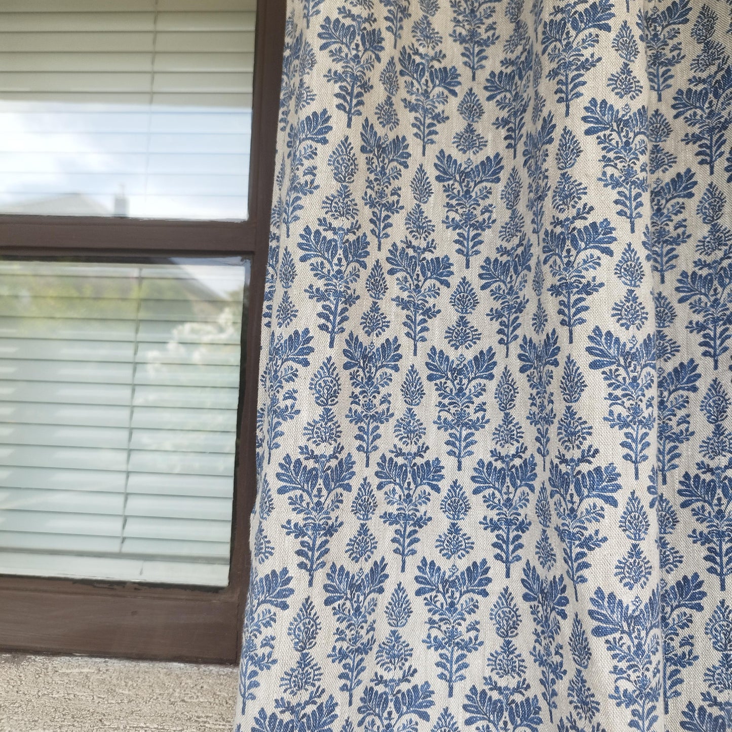 Curtains 100% Linen blue french block print floral PREWASHED. kitchen Living room farmhouse curtains. Bedroom window panel in linen