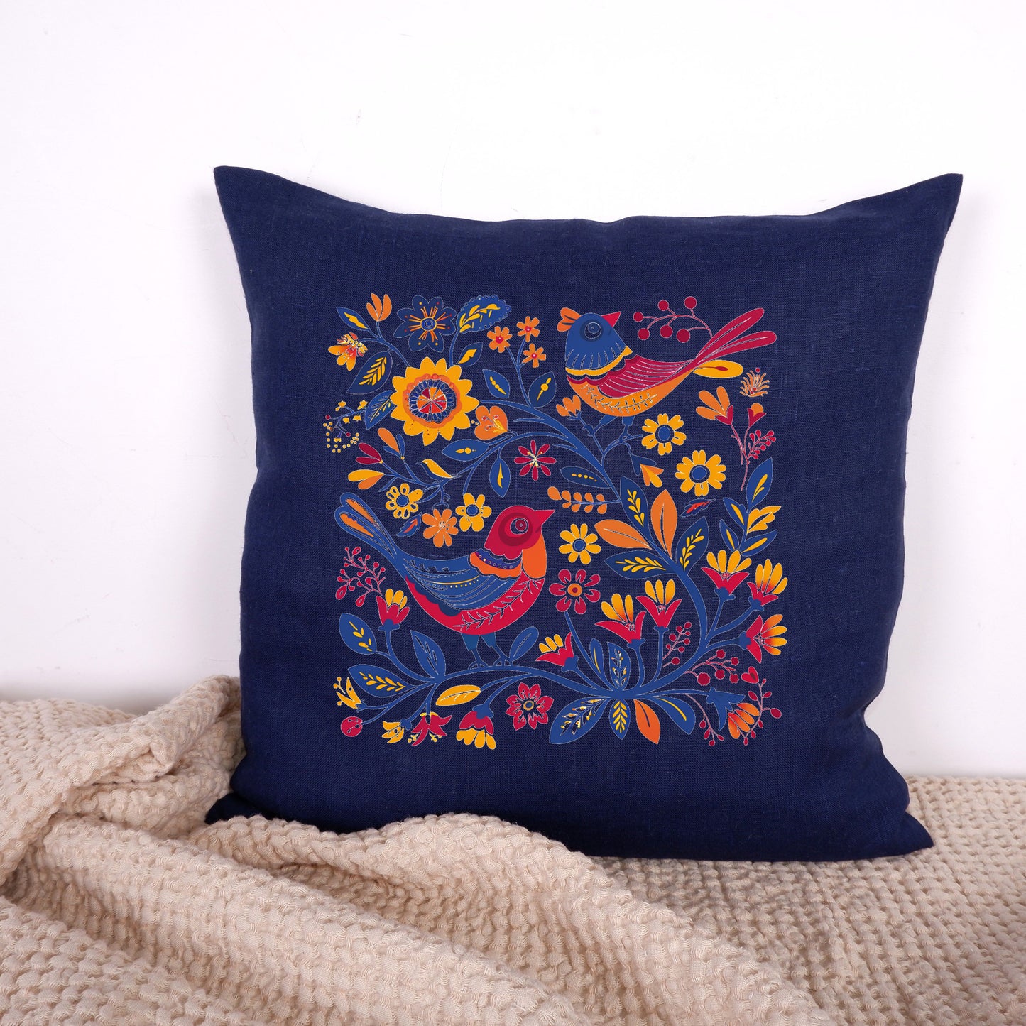 SALE LINEN Cushion cover Nordic folk art beige , decorative linen pillow cover , Floral Summer Woodland Cushion Housewarming Gift