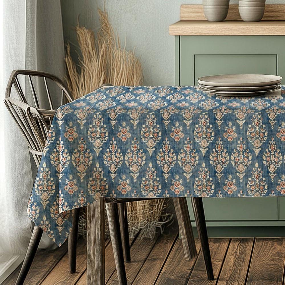 French placemat or tablecloth with Blue print - French Retro Vintage table cloth Bohemian Blue on natural linen with floral block stamp