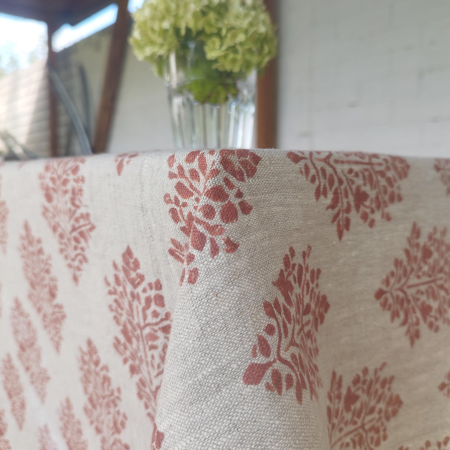Linen foral tablecloth with red block print flowers, French Retro Vintage Vibe table cloth Bohemian Wildflower Pattern