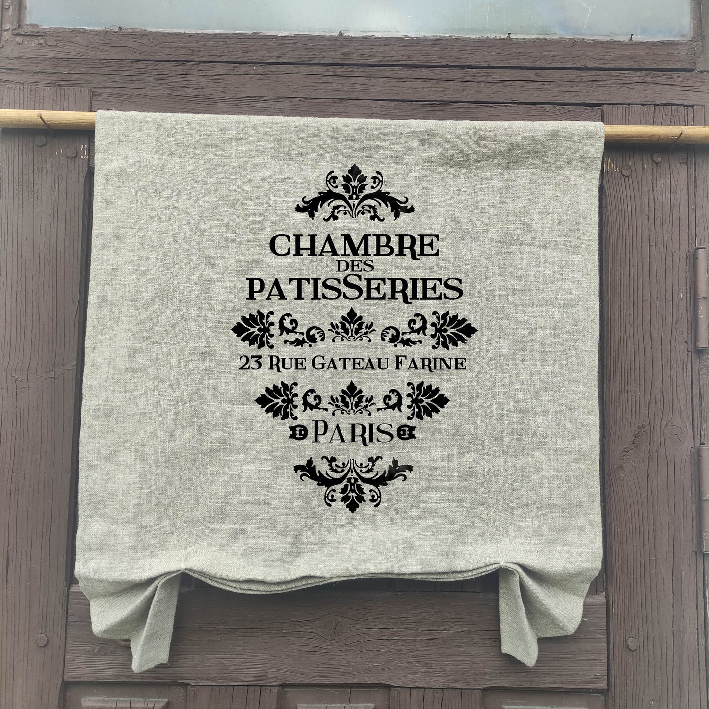 natural French Door Valance 1 Panel with Chambre des Patisseres stamp, white curtain panels for door window in linen