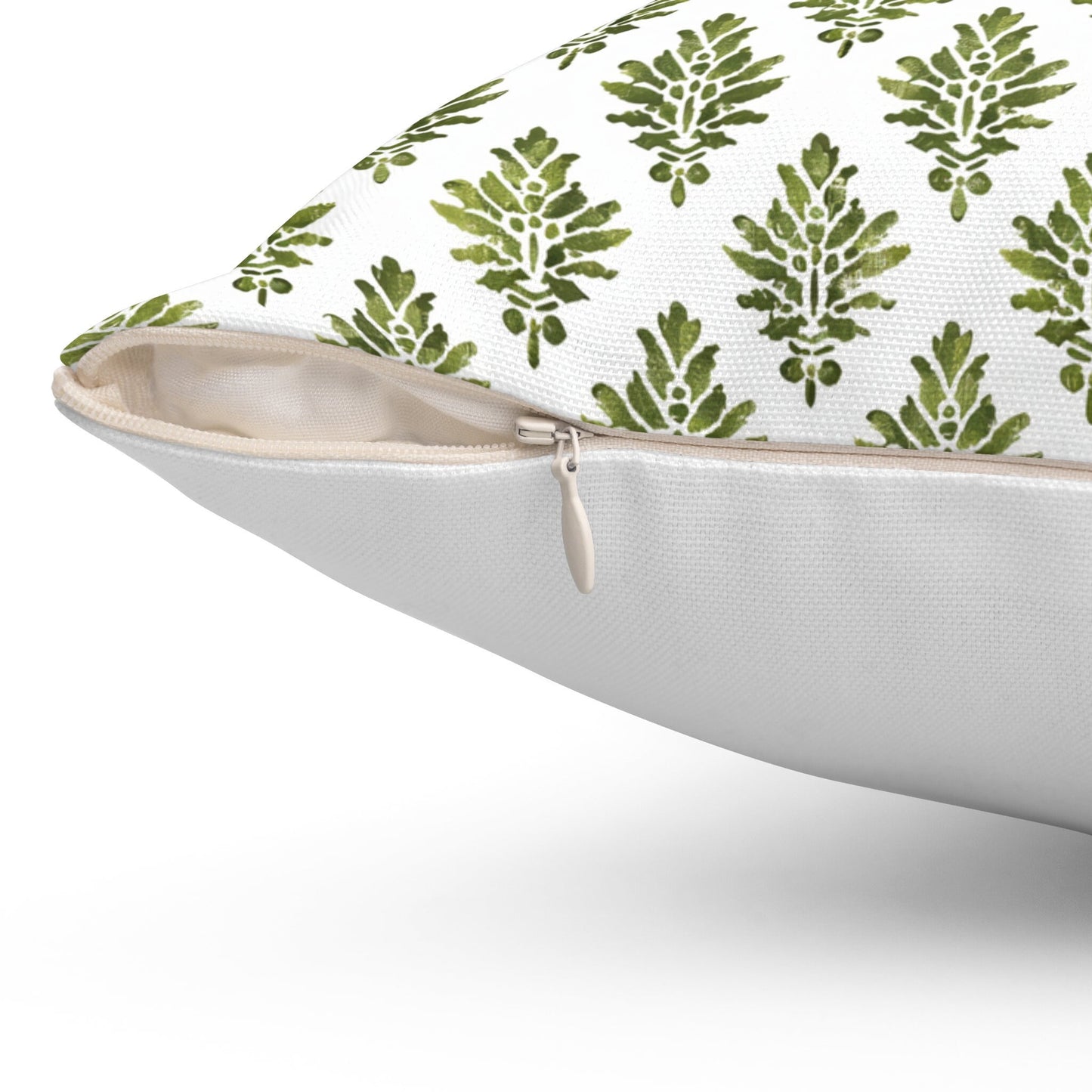 Designer Olive Green Floral on Linen Pillow Cover, Dark Green Boho Pillow, Farmhouse Floral Block printed pillow