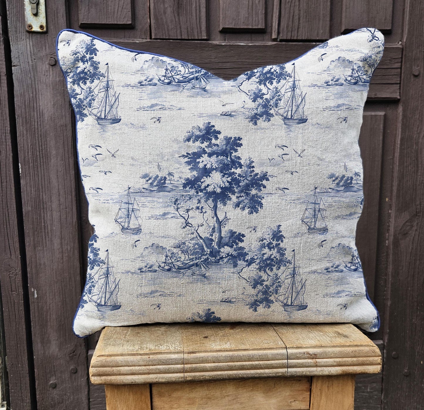 Modern indigo linen Coastal Pillow Cover, blue Boho Pillow block print on linen, Coutryhome printed pillow case in European flax with Ships