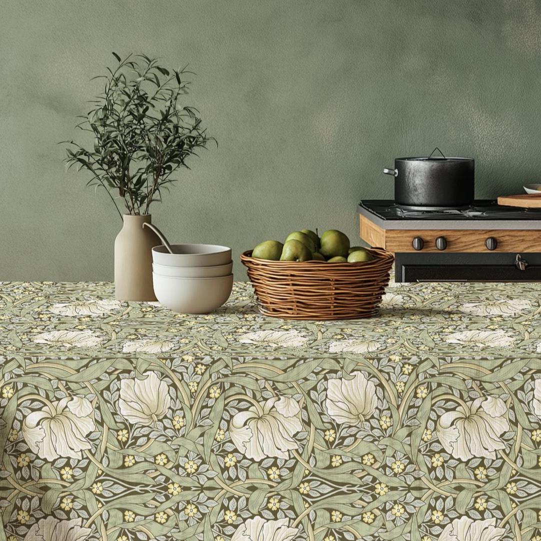 Linneduk blommig blå - William Morris Pimpernel grön duk - Engelskt viktorianskt konsthantverk
