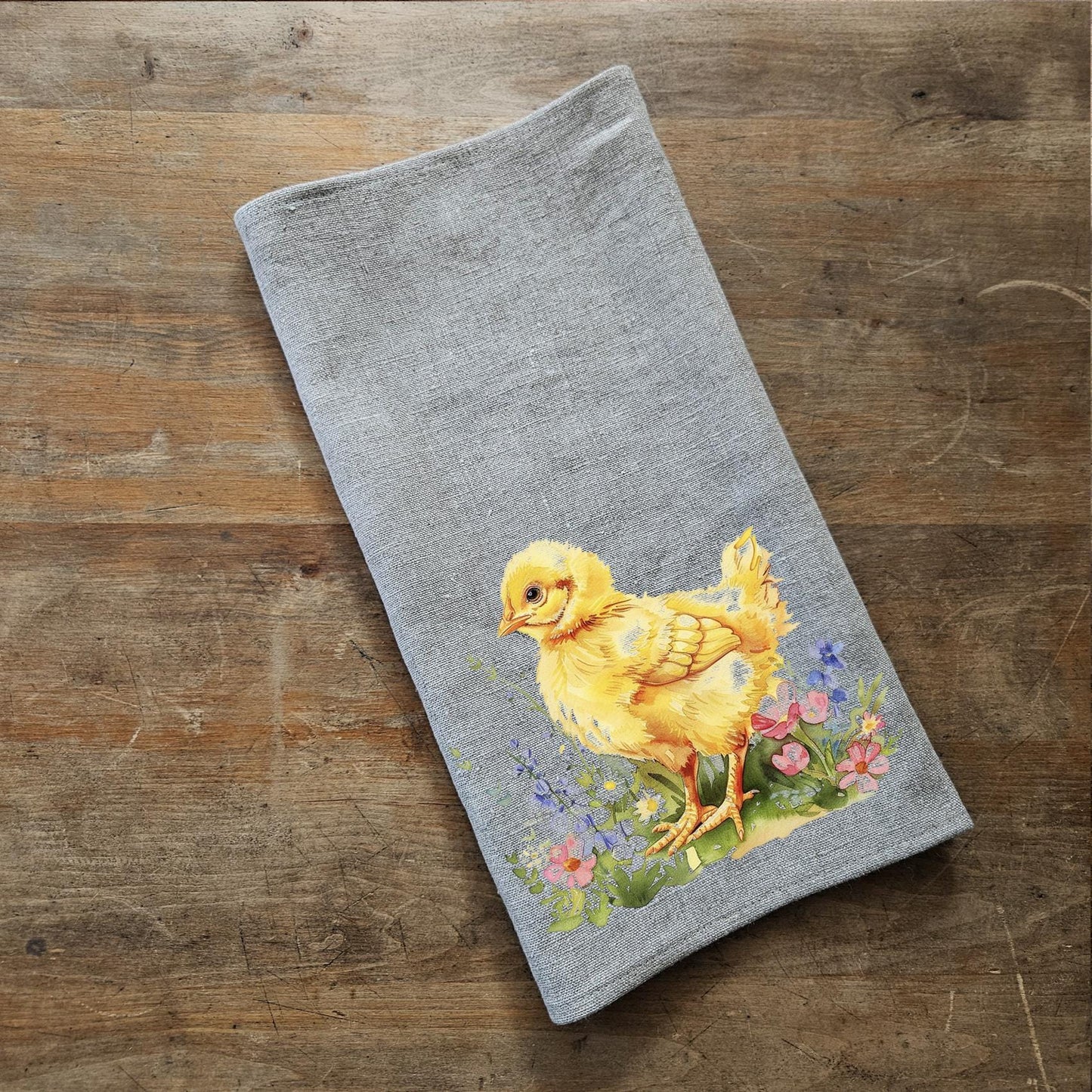 Little Chicken Floral Tea Towel in linen - Easter Hand Towels Tea - Farmhouse Floral Dish Towel - Kitchen Décor Easter Kitchen Tea Towel