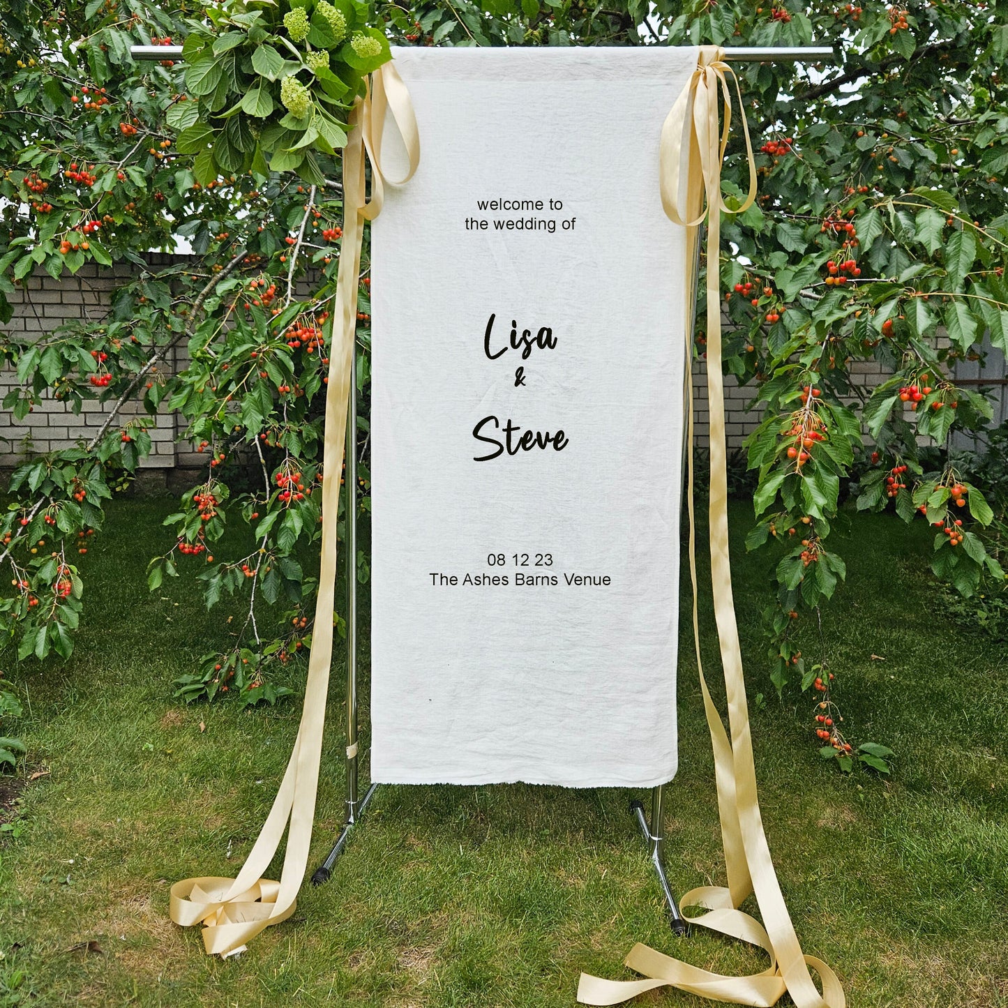 linen Wedding Welcome Sign with silk ribbons bows, custom fabric sign for party, Welcome to the wedding sign, Baby Shower Sign