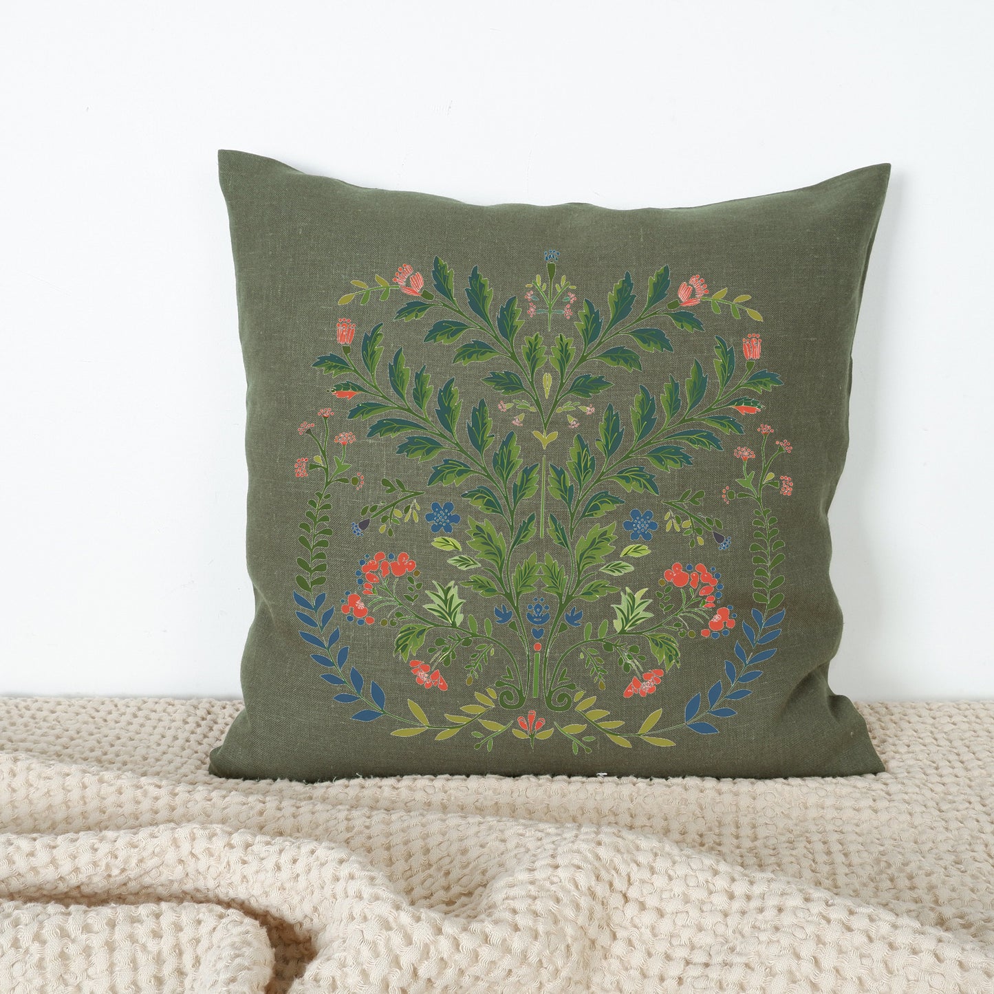 SALE LINEN Cushion cover with botanical folk art print , decorative linen pillow cover with floral print , Housewarming Gift