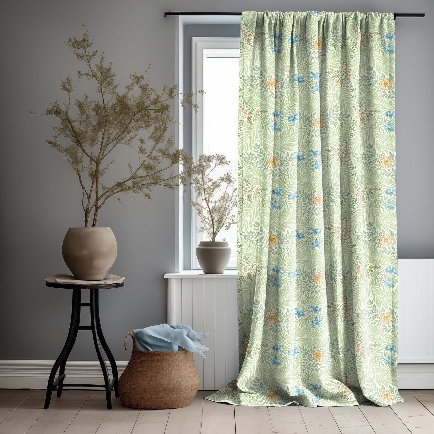 William Morris Curtain Panel Lakspur, Floral Botanical green Print Curtain Panels in custom size, Curtains for living room