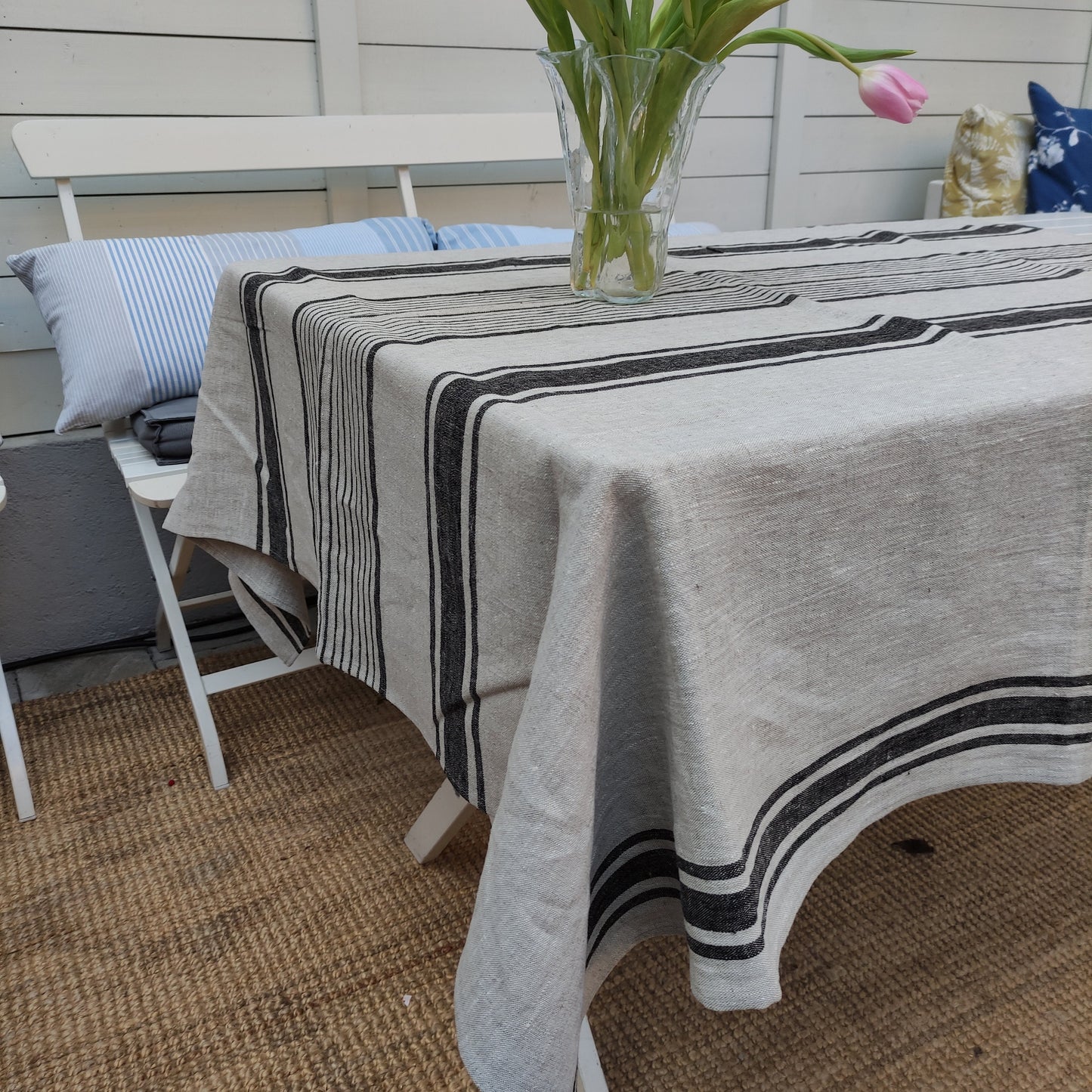 100% Linen tablecloth striped PREWASHED French table cloth rustic rectangle square oval Grey Blue country style Sack weave linen