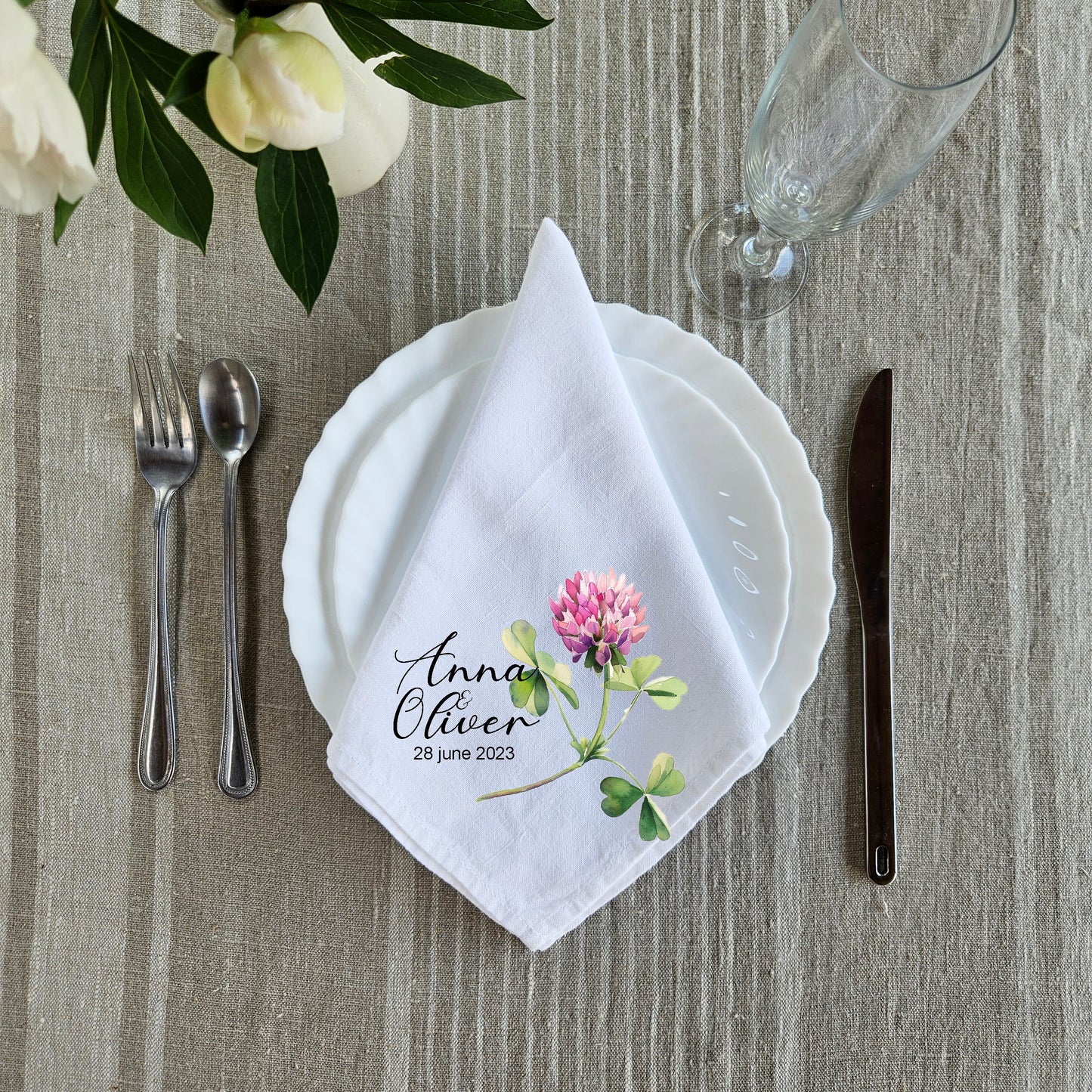 Custom Design White Cloth Cocktail Napkins, luxury weddings menu napkins in linen, Custom Names Napkins