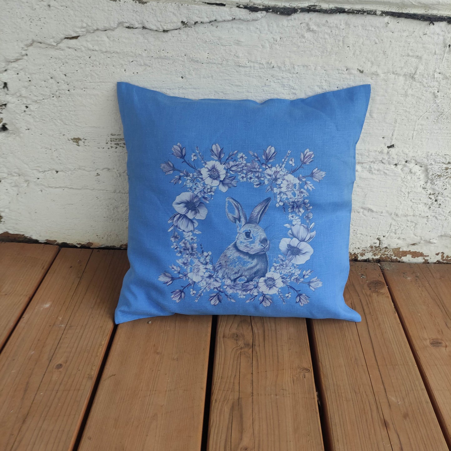 SALE LINEN Cushion cover in blue wreath with rabbit , decorative linen pillow cover 40%OFF cushion