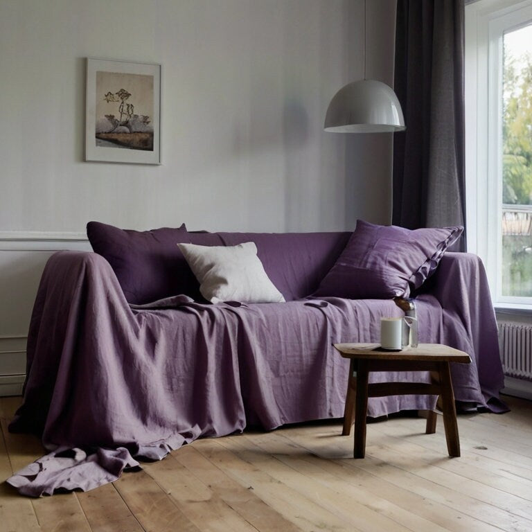 Linen Couch Cover Extra Large blue, Linen couch throw in custom size, Natural Sectional Big bed cover, Sofa slip cover throw