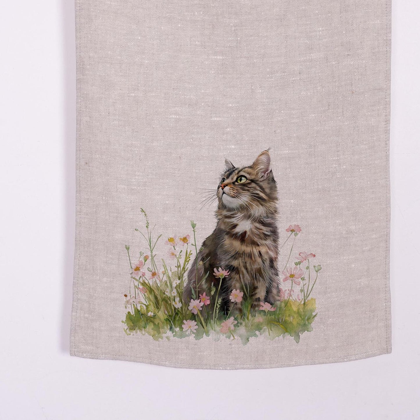 Cat in meadow Towel in linen - blue white block print Hand Tea towels - Farmhouse Floral Dish Décor Kitchen Towel with brids on trees