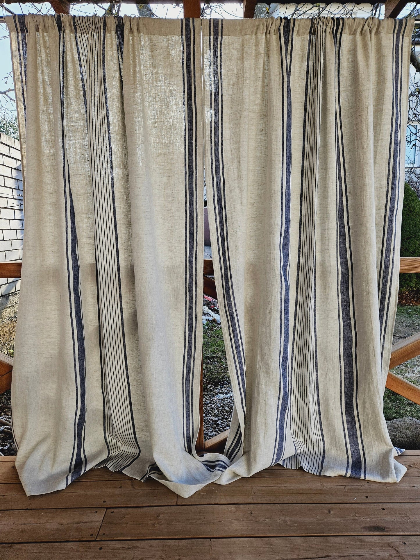 Curtains 100% Linen striped PREWASHED, window panel kitchen Living room farmhouse curtains. Grain Sack flax Bedroom indigo navy blue striped
