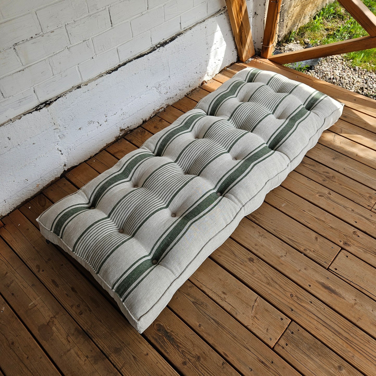 Bench cushion in French striped linen, floor cushion in Custom size, shikibuton thick mat Shiki futon filled organic fiber filler