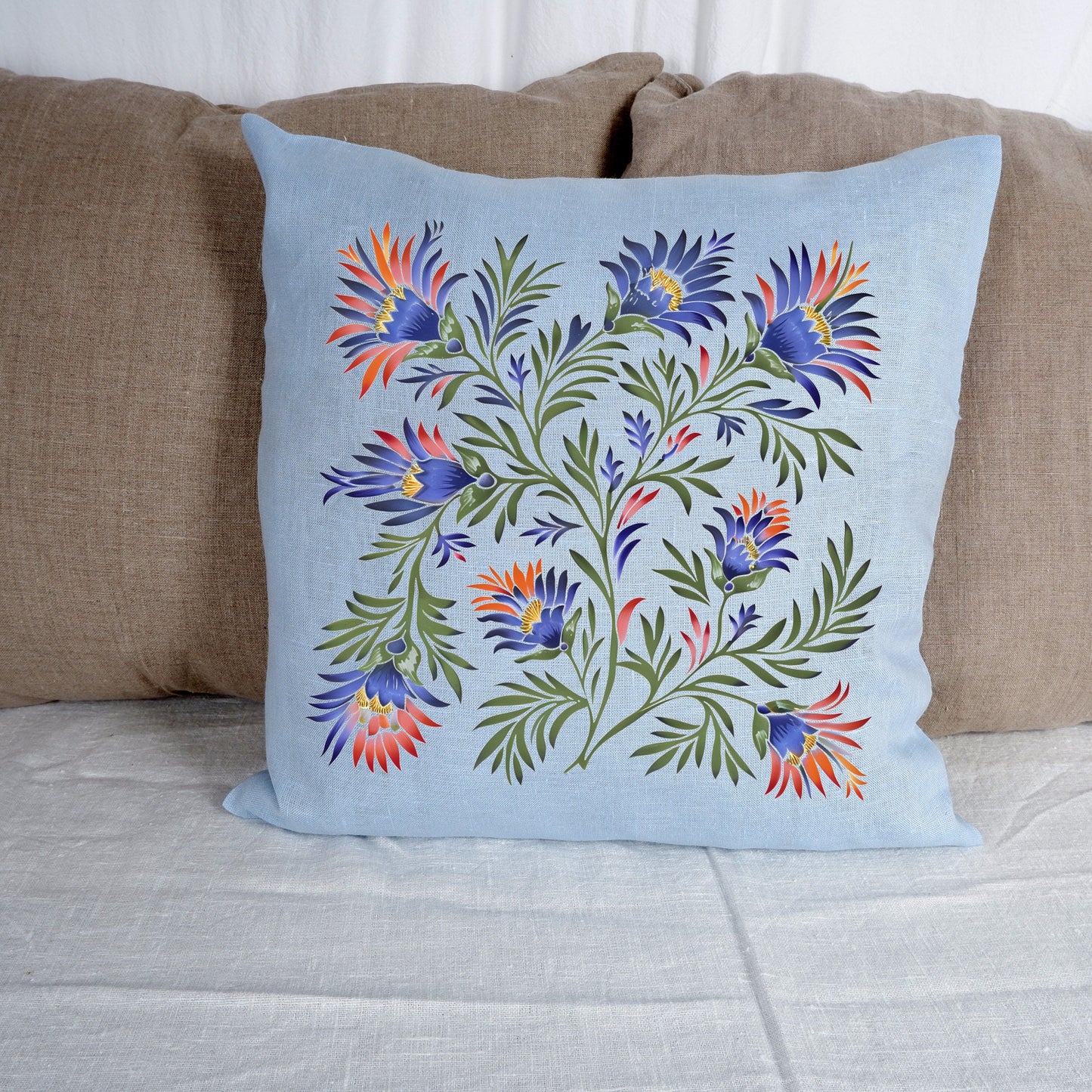 SALE LINEN Cushion cover with botanical print , decorative linen pillow cover with folk art print , Floral Housewarming Gift