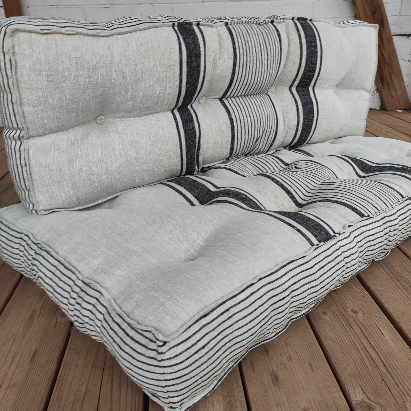 Bench cushion in French striped linen, floor cushion in Custom size, shikibuton thick mat Shiki futon filled organic fiber filler