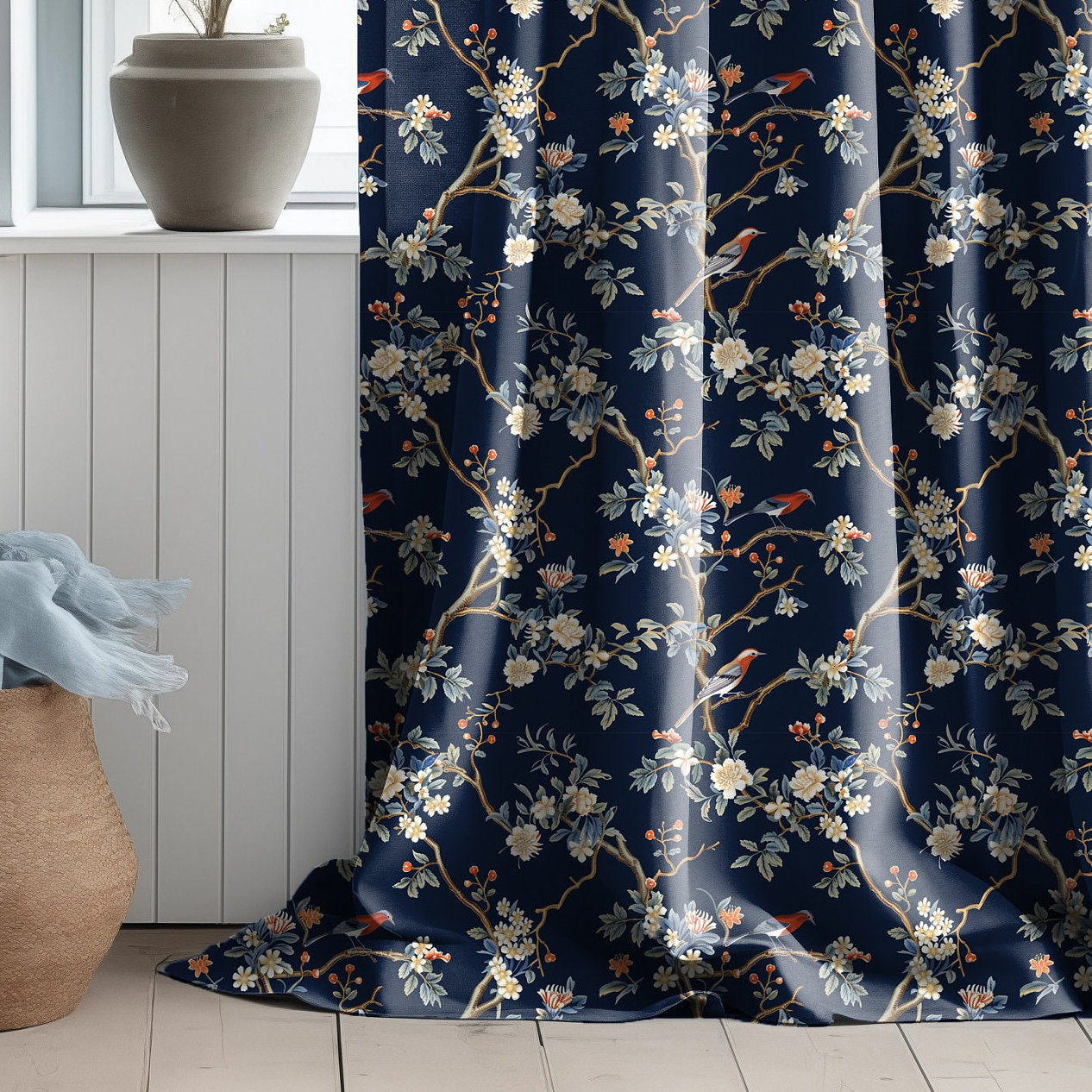 Linen floral Curtain Panels with toile de jouy print, Curtains for living room or bedroom in orange yellow, coutry house style curtains
