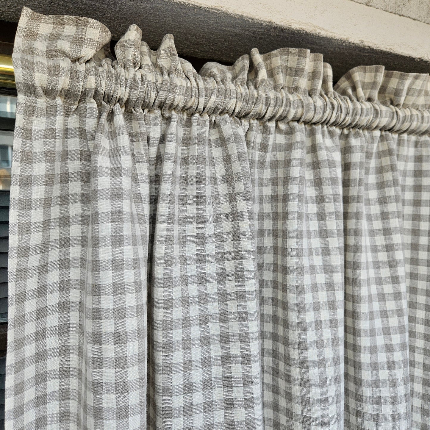 Natural linen Cafe Curtains in classic gingham, custom size Farmhous window panel, Living room Cafe Kitchen window curtain custom size