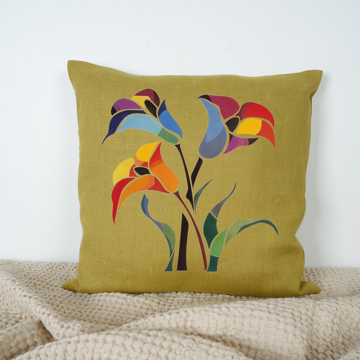 SALE LINEN Cushion cover with tulips print for contempory style , decorative linen pillow cover with art print, Housewarming Gift