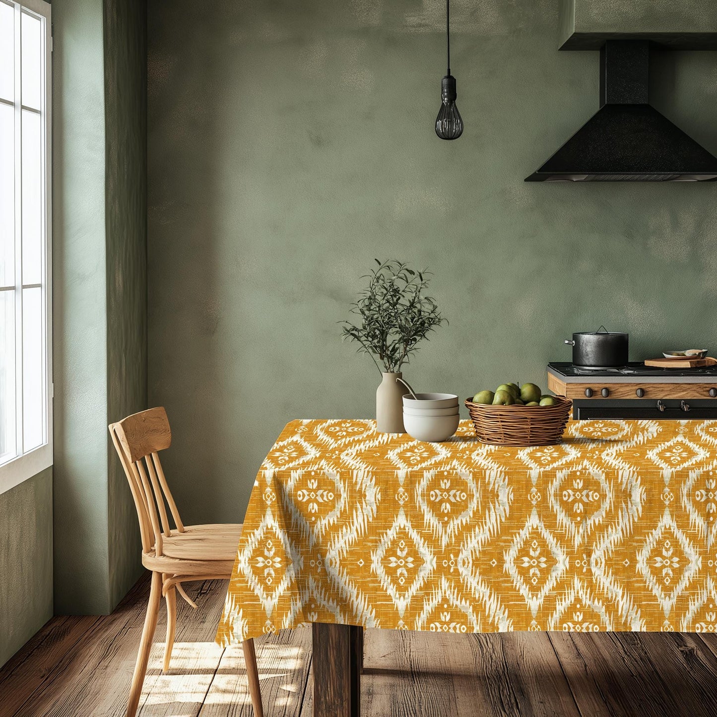Linen print tablecloth with modern mustard yellow ikat print - table cloth 100% linen dinner parties lunch table