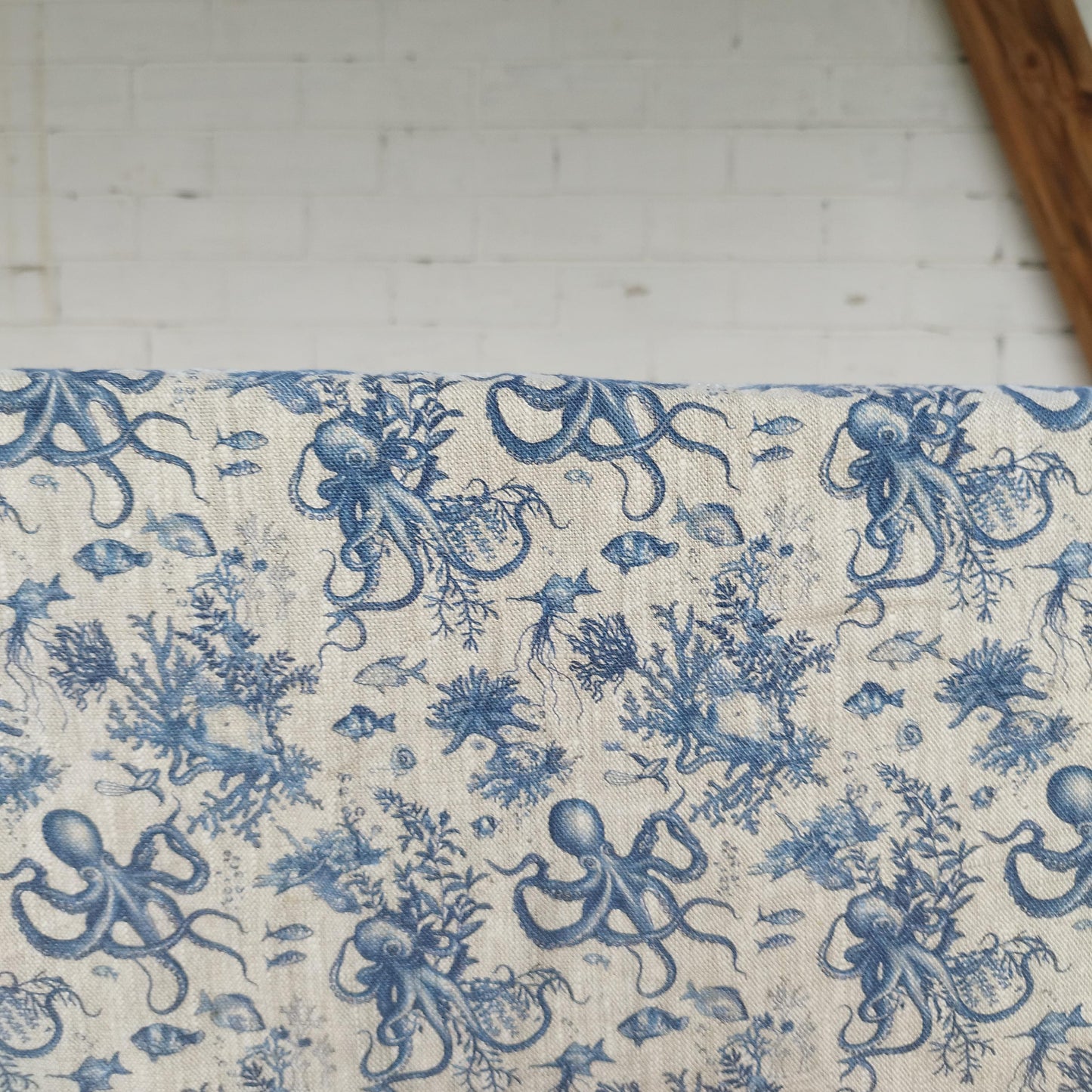 Linen foral tablecloth Blue Coastal with octopus print, French Retro Vintage table cloth Bohemian Blue on natural linen