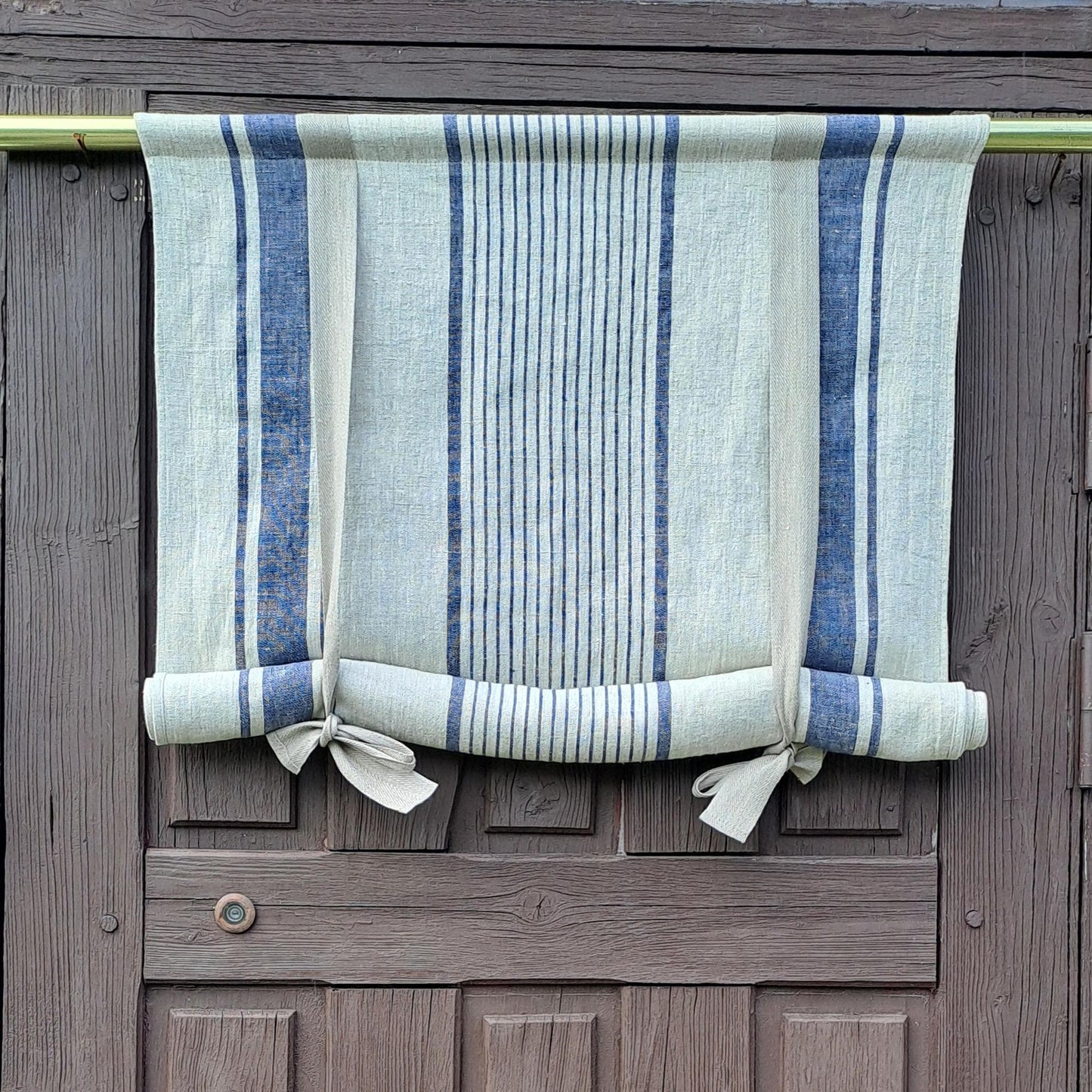 Randiga linnegardiner med band, franska lantliga köksdörrgardiner i specialstorlek