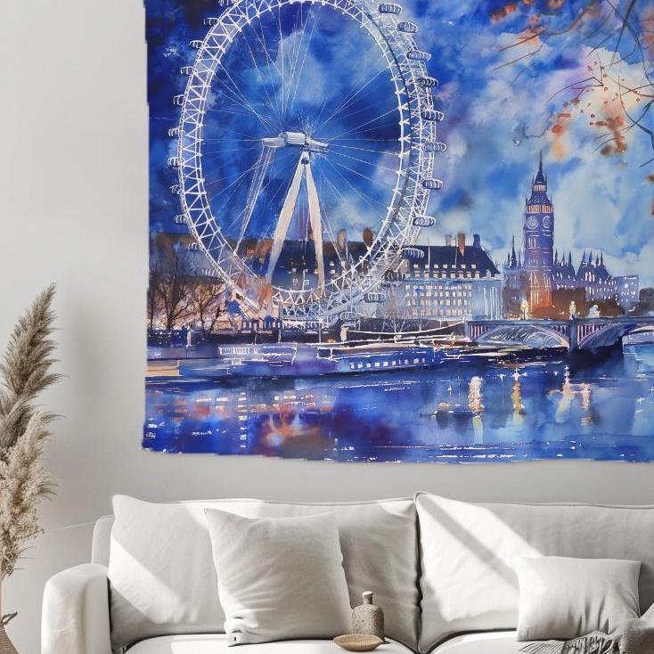 London watercolors Tapestry wall tapestry - 100% linen wall decor Great Britain travels decor Holiday tapestry London Eye Big ben