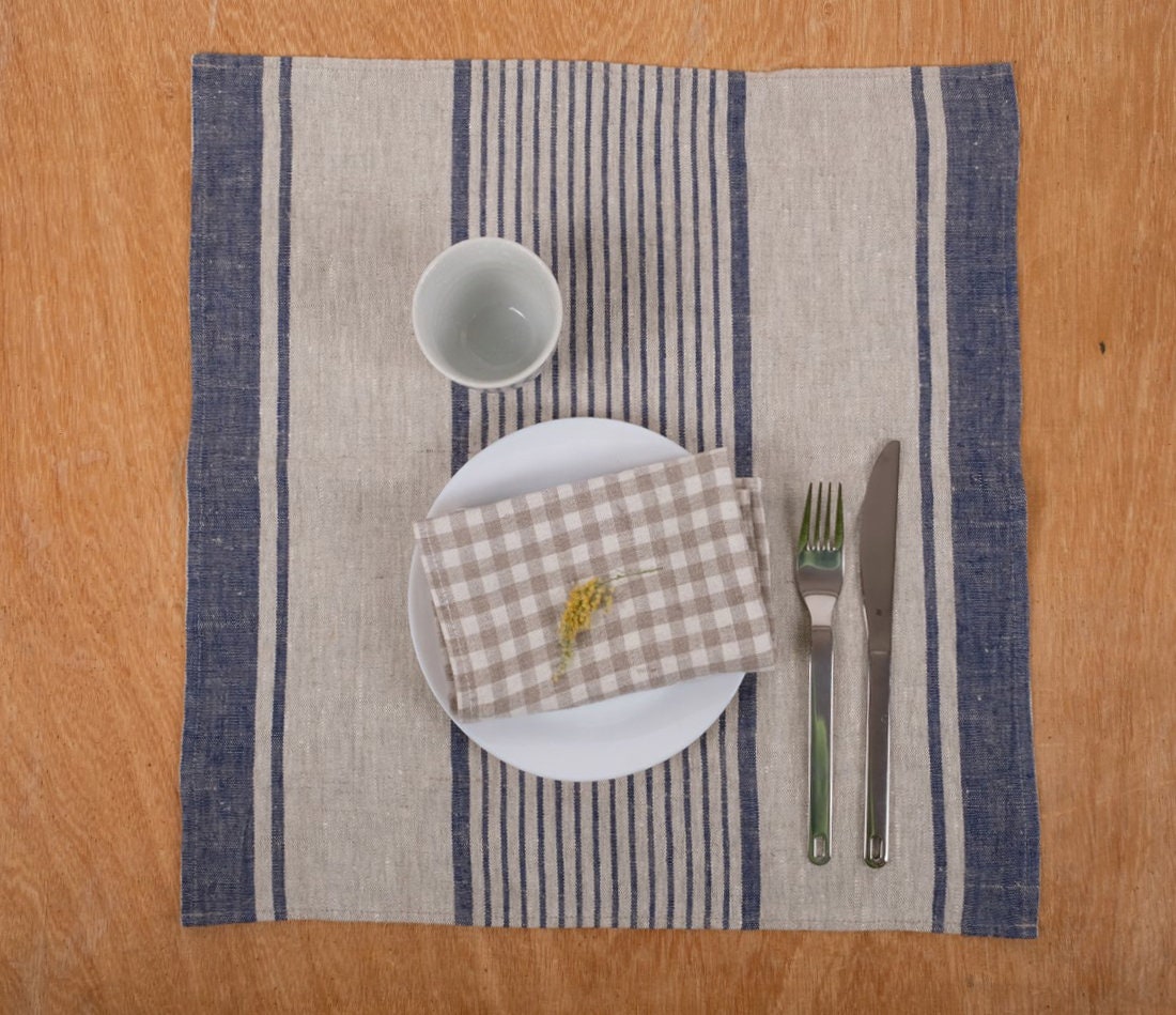Linen napkins - grain sack French linen. Natural blue striped. Cottage coutry style. Set of linen napkins. Stonewashed cloth napkins