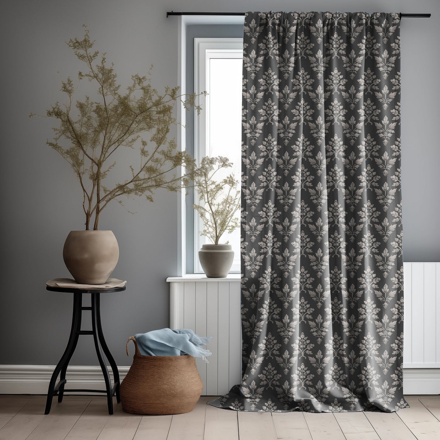 Designer gray Floral Linen curtains, grey neutral Boho curtain panel, Farmhouse Block printed curtains for living room botanical