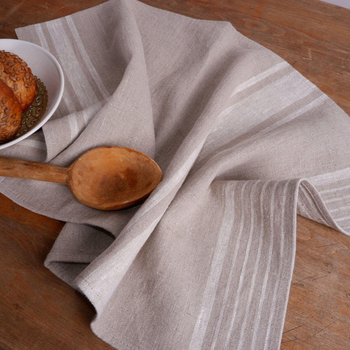 Washed linen kitchen towel in french blue stripes . Guest hand towel Natural dish towel. Striped French style thick linen tea towels