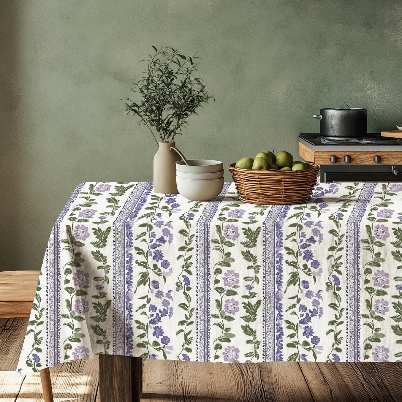 100% Linen tablecloth Heritage floral stripe print PREWASHED - table cloth rustic rectangle square oval - country Sack weave linen flax
