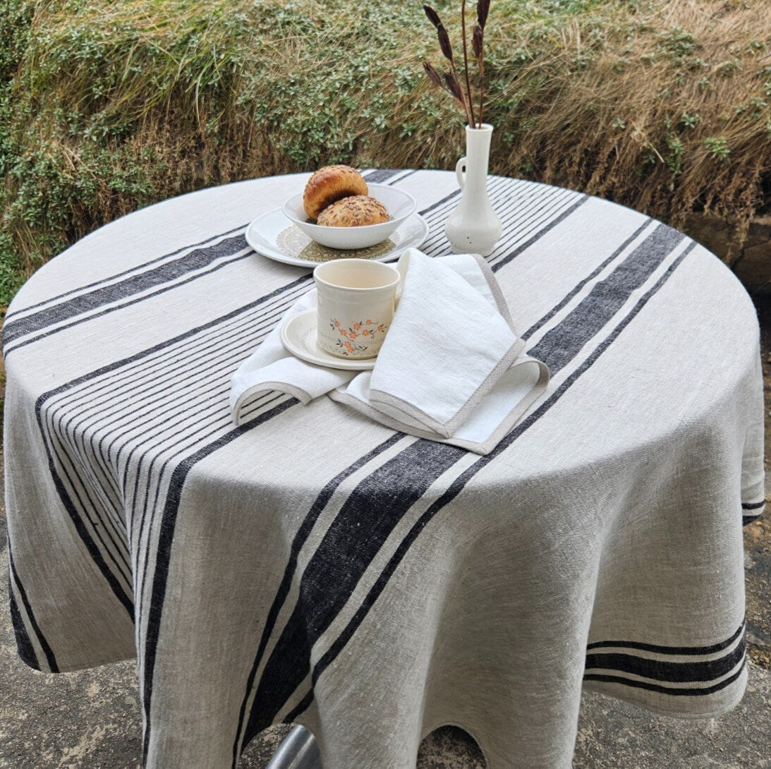 100% Linen Tablecloth in french Provance striped linen for Round table, Table cloth in Natural Linen in custom size