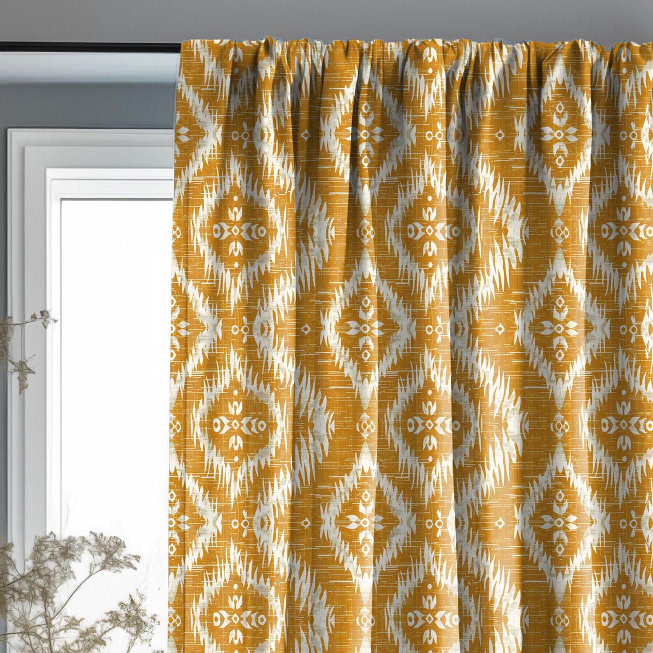 Curtains 100% Linen with ikat print mustard yellow pattern PREWASHED - kitchen Living room farmhouse linen window panel