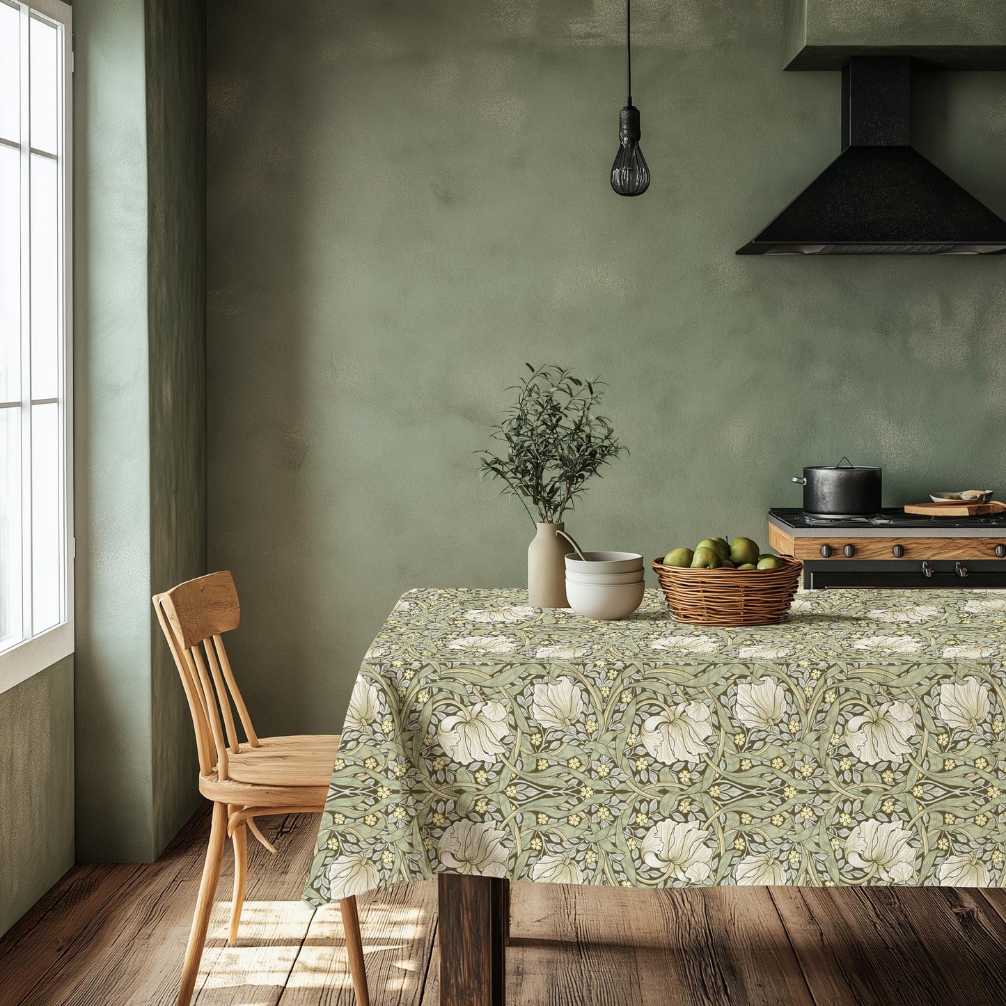 Linneduk blommig blå - William Morris Pimpernel grön duk - Engelskt viktorianskt konsthantverk