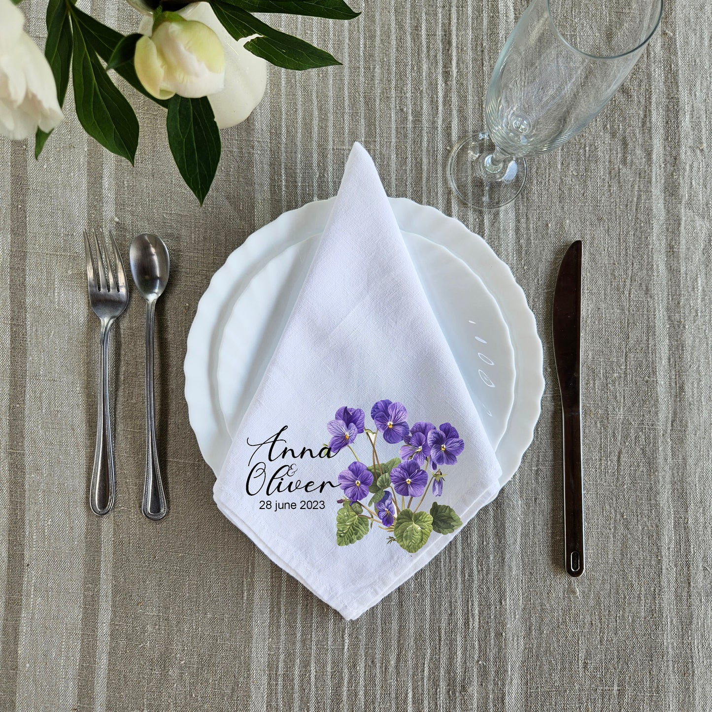 Custom Design White Cloth Cocktail Napkins, luxury weddings menu napkins in linen, Custom Names Napkins