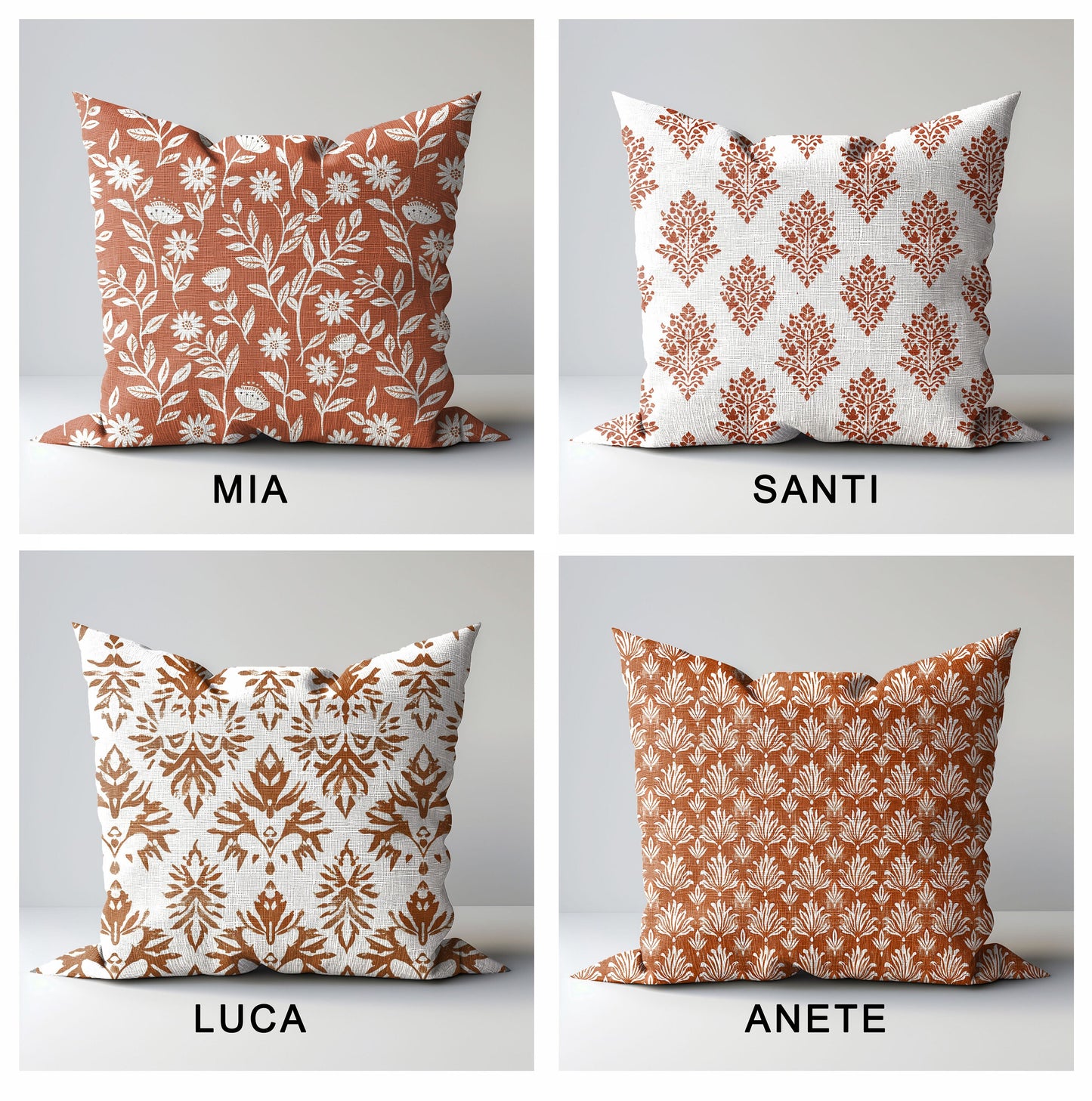 Modern rust linen Floral Pillow Cover, white rust Boho Pillow block print on linen, Coutrynome block printed pillow case in European flax