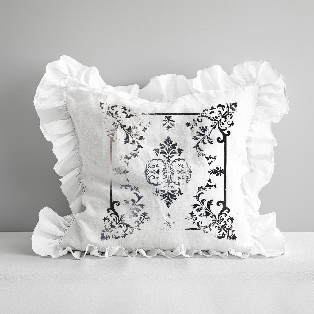 Shabby Floral Ruffle Linen Pillow Cover, French Provence Country Neutral Beige Cushion, French Antiques Harmhouse Cottage Chic Swedish