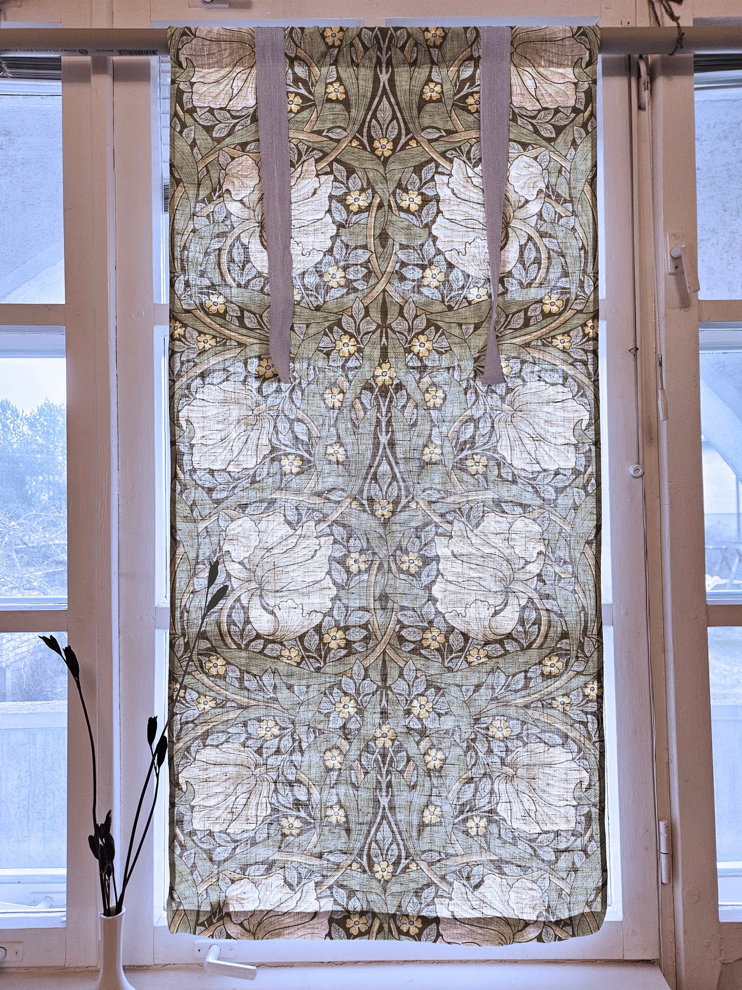 Linen curtains valance with tie up William Morris Pimpernel green, floral farmhouse kitchen curtains, door curtains with ties custom size