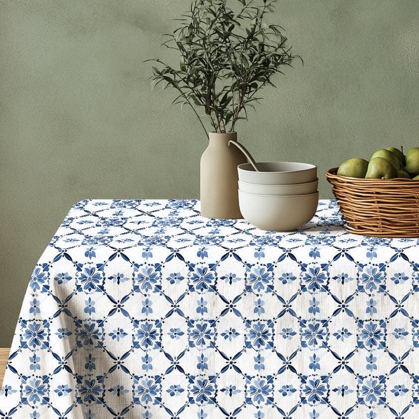 100% Linen tablecloth Swedish blue tiles Malmo print PREWASHED - table cloth rustic rectangle square oval - country Sack weave linen