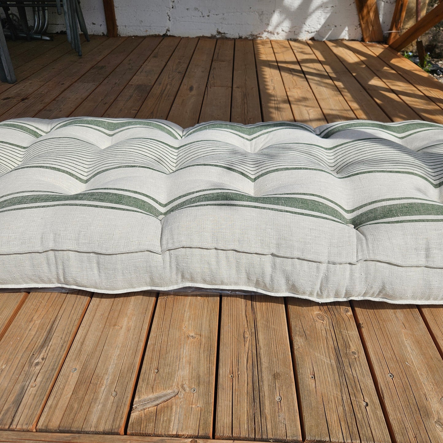 Bench cushion in French striped linen, floor cushion in Custom size, shikibuton thick mat Shiki futon filled organic fiber filler