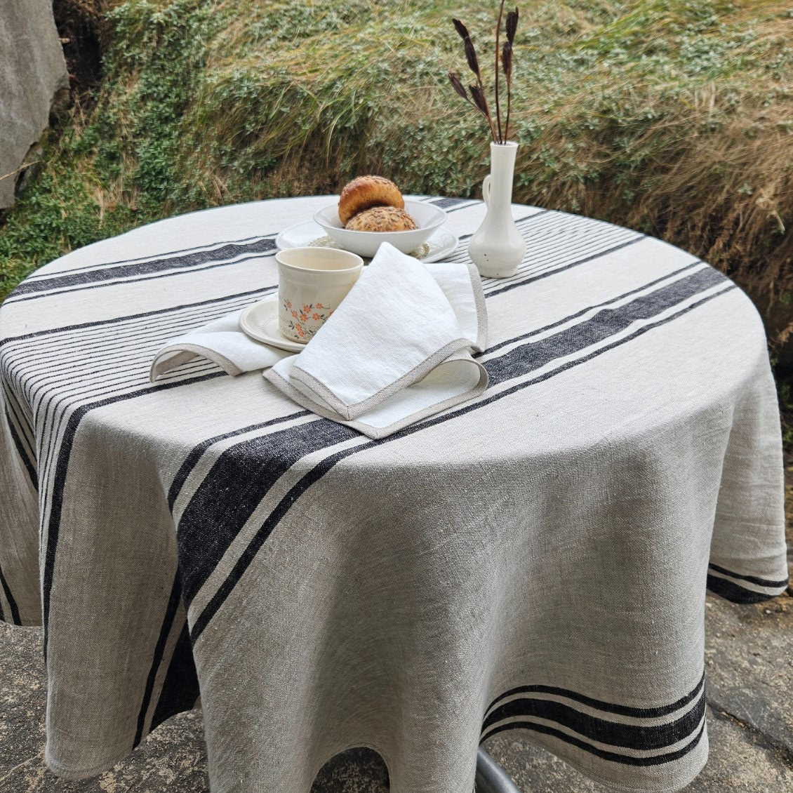 100% Linen Tablecloth in french Provance striped linen for Round table, Table cloth in Natural Linen in custom size